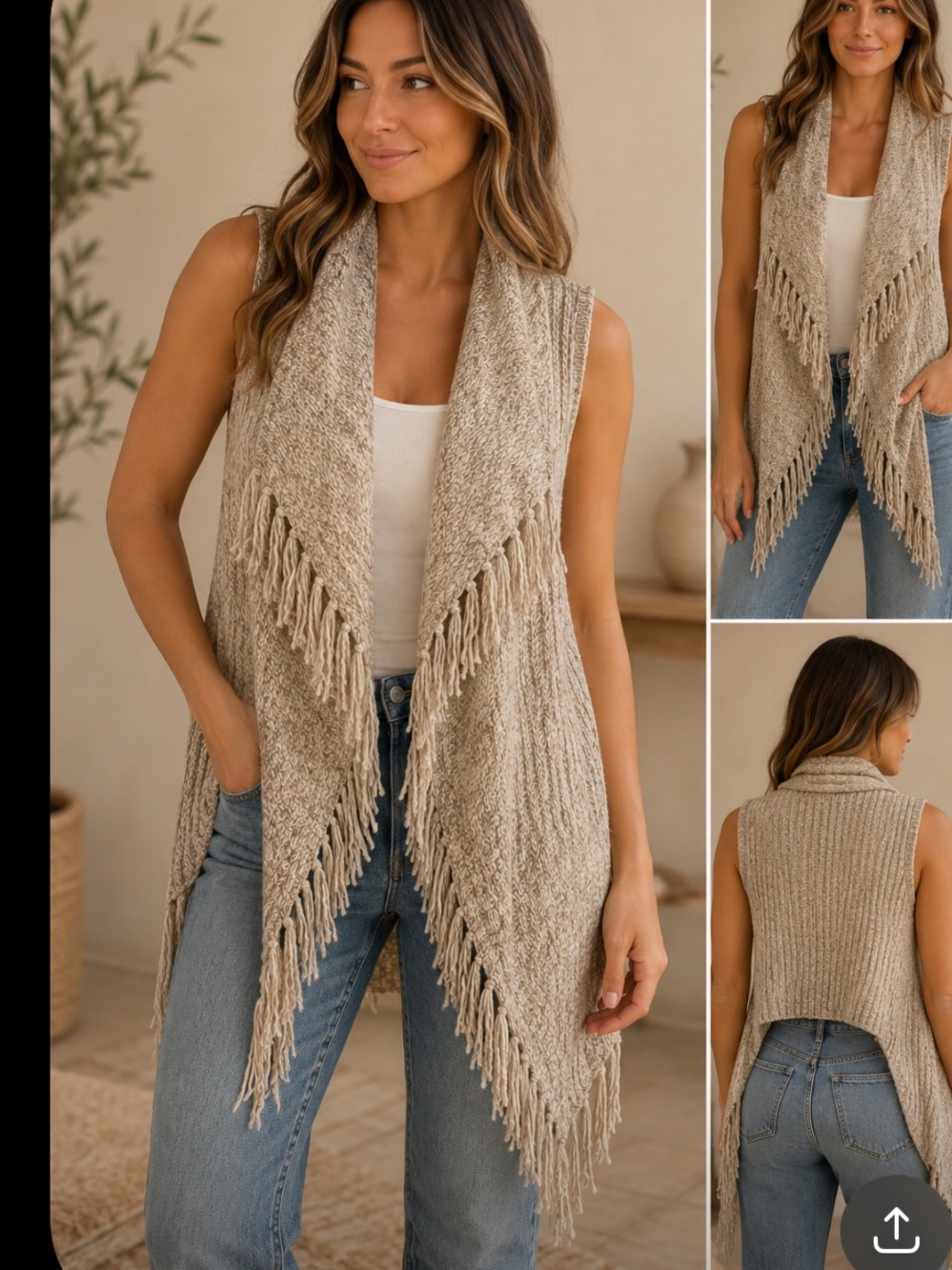 Kensie Marled Oatmeal Fringe Open Front Sweater Vest Cardigan M Boho Cozy
